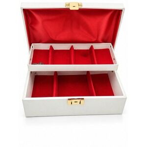 Vintage Buxton Jewelry Box w Key Ivory Red Velvet 2 Tier MCM USA Vanity